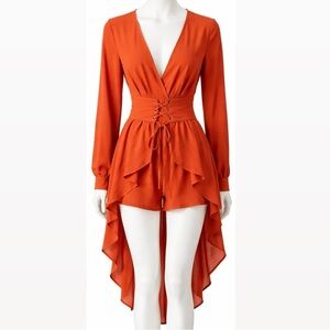 Zaful Rust Boho Corset-Waist Romper with High-Low Overlay & Long Sleeves